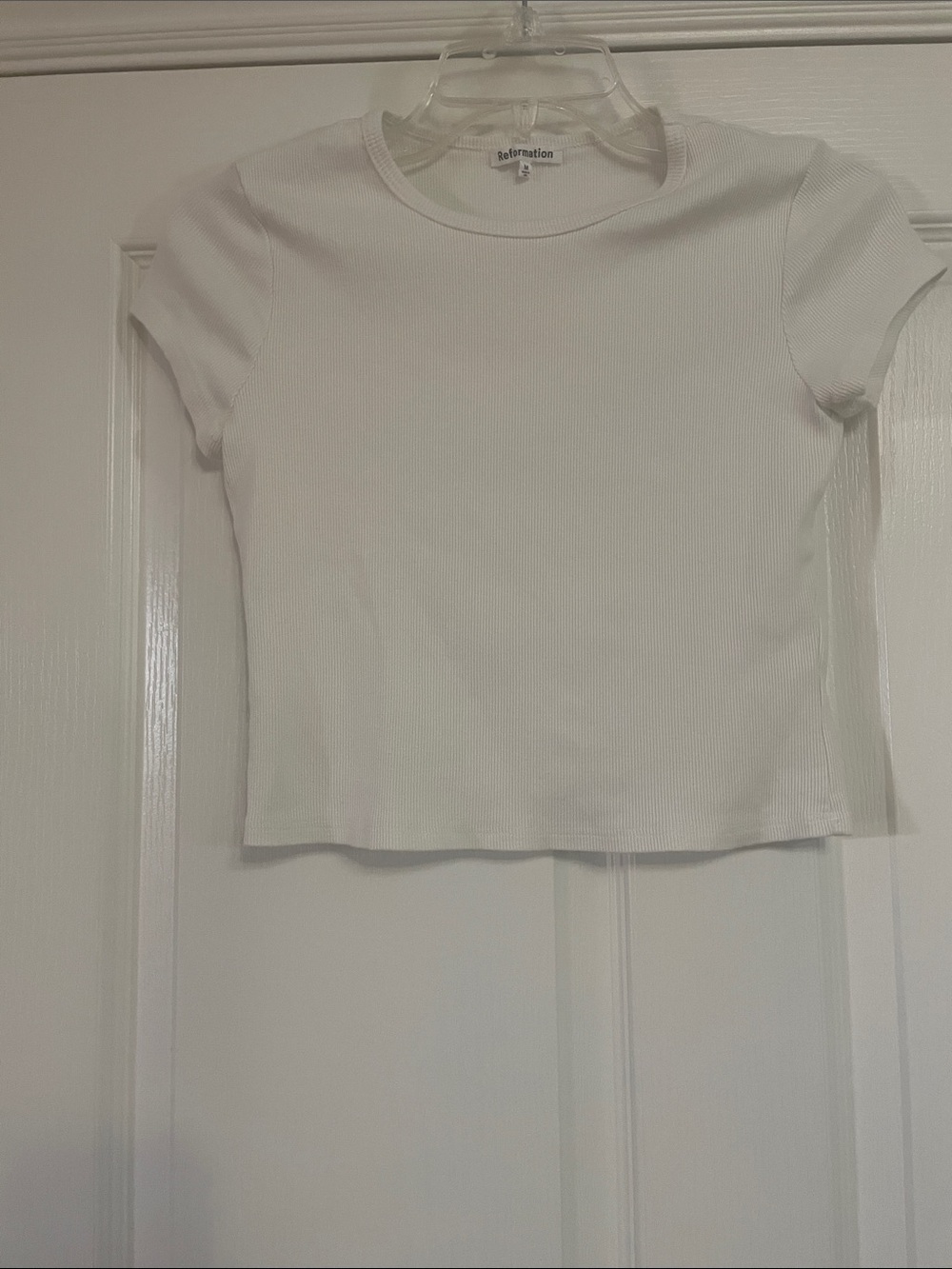 Reformation White Ribbed Short Sleeve Crop Tee M